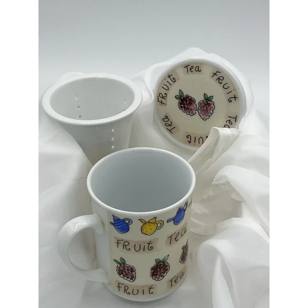 Vintage Ceramic Fruit Tea Mug with Lid Hand Painted Blackberry & Teapot Motif